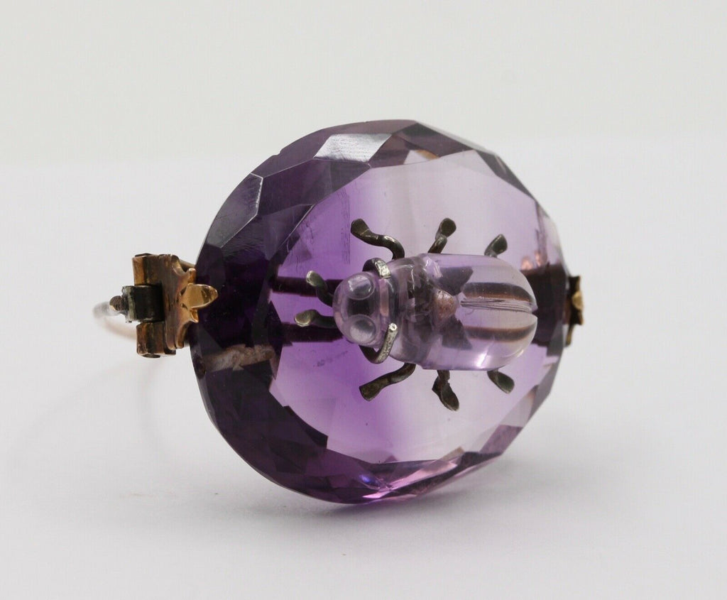 Victorian Scarab Bettle Carved Amethyst 14K yellow Gold Brooch Pin