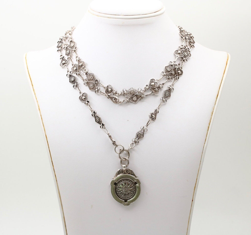 Vintage Sterling Silver French Style Filigree Chain And Darts Pendant Charm