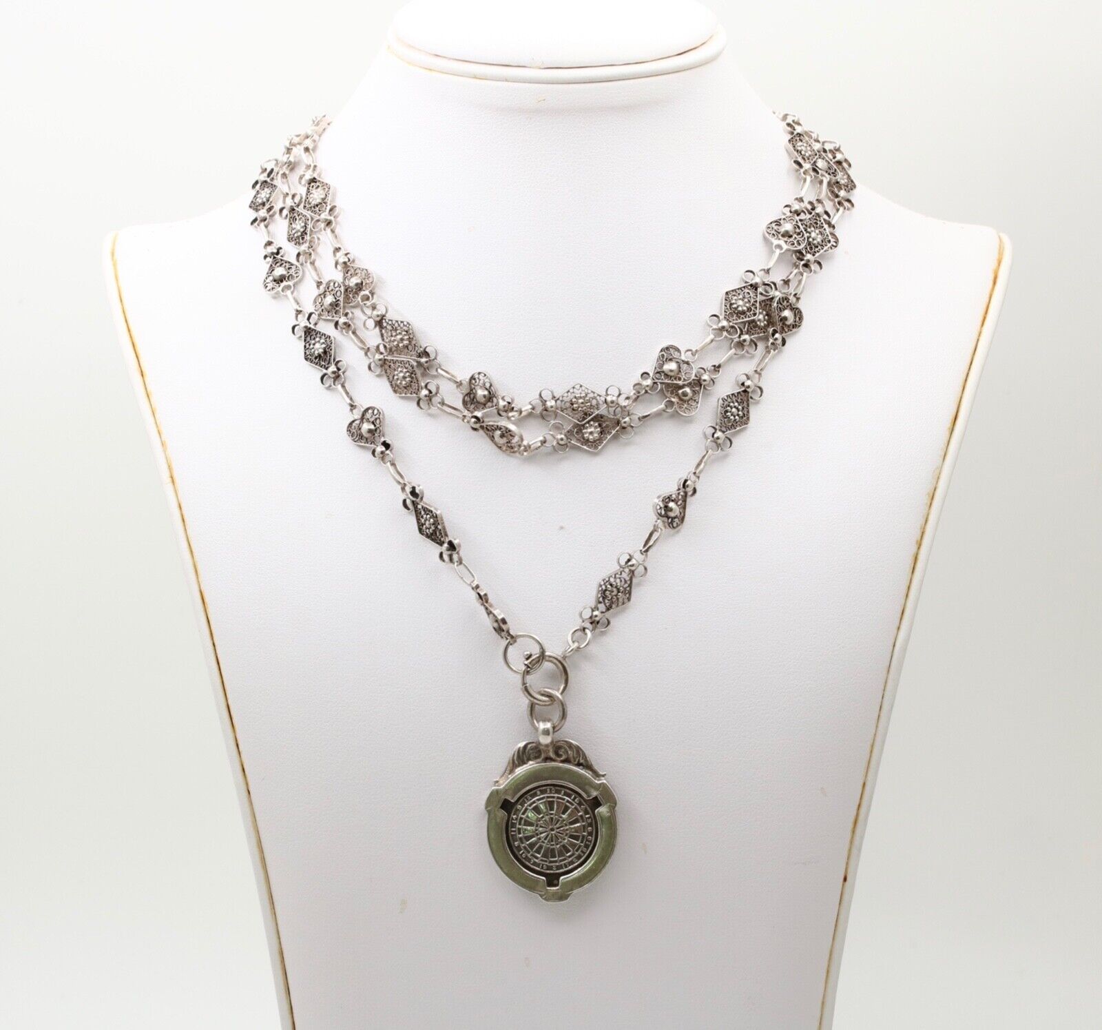 Vintage Sterling Silver French Style Filigree Chain And Darts Pendant Charm