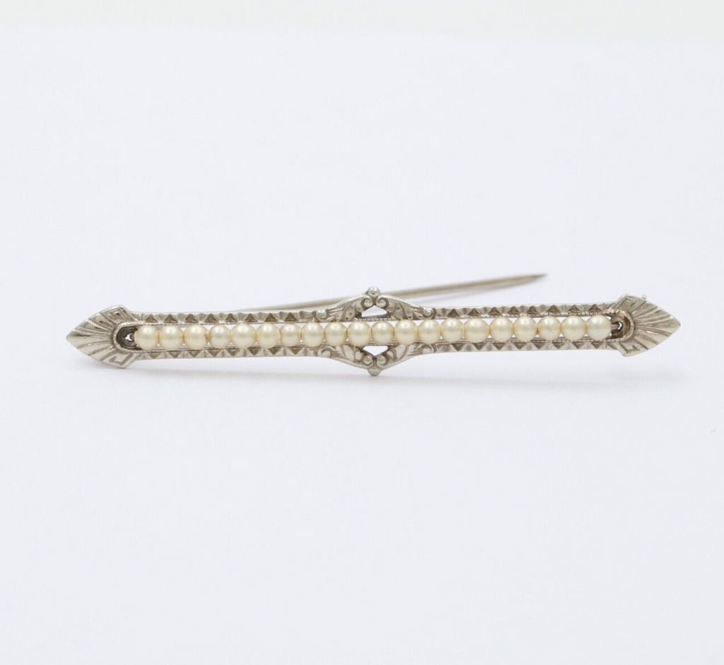 Antique 10K White Gold Art Deco Pearl Bar Brooch, Pin