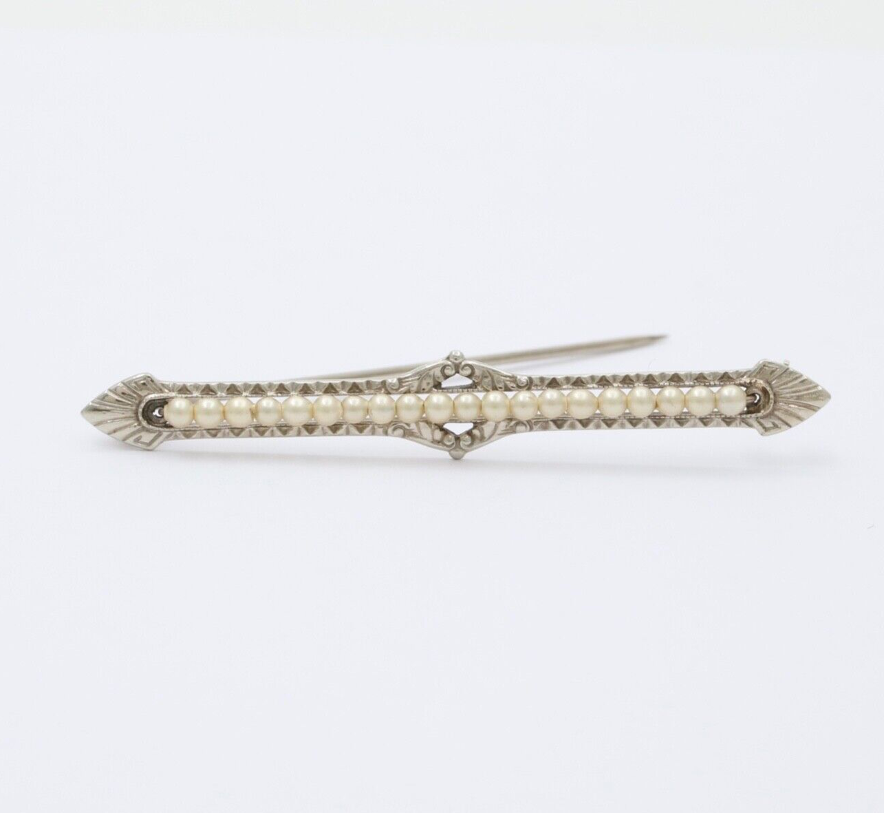 Antique 10K White Gold Art Deco Pearl Bar Brooch, Pin