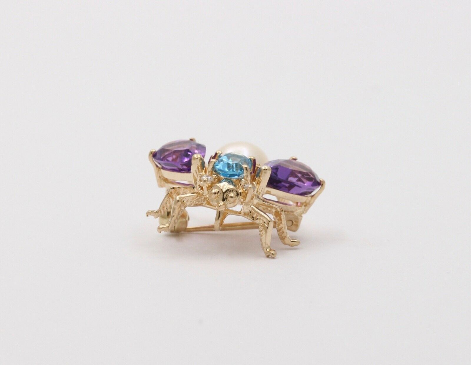 Vintage Amethyst London Blue Topaz Pearl 14K YG Honey Bee Brooch Pin