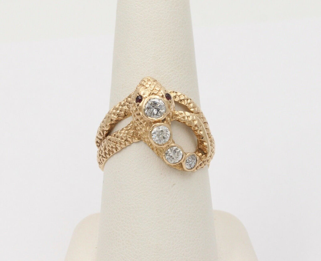 Vintage Snake Diamond Rubies 14K Yellow Gold Ring