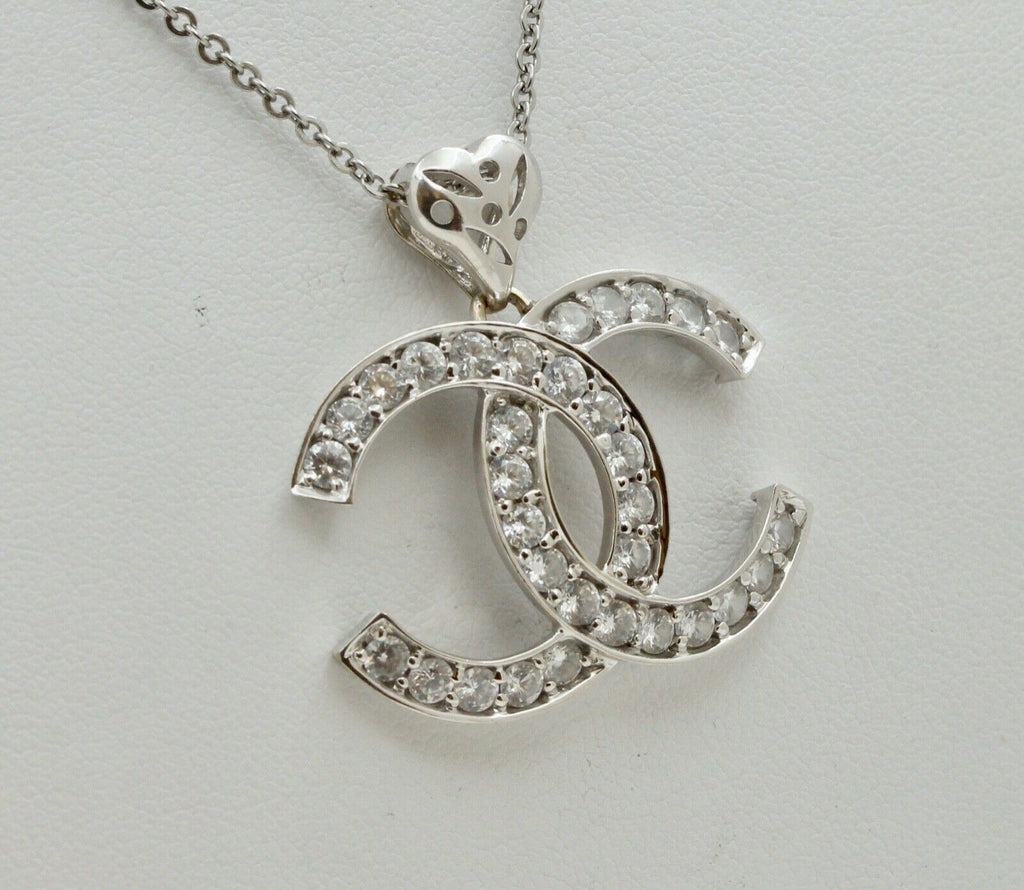 Chanel Logo Pendant Reproduction 14K White Gold Cubic Zirconia Pendant