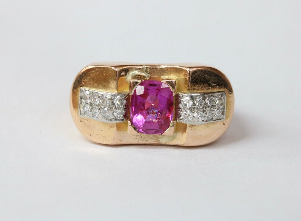 Retro 1940’s Pink Sapphire and Diamond 18K Yellow Gold Ring