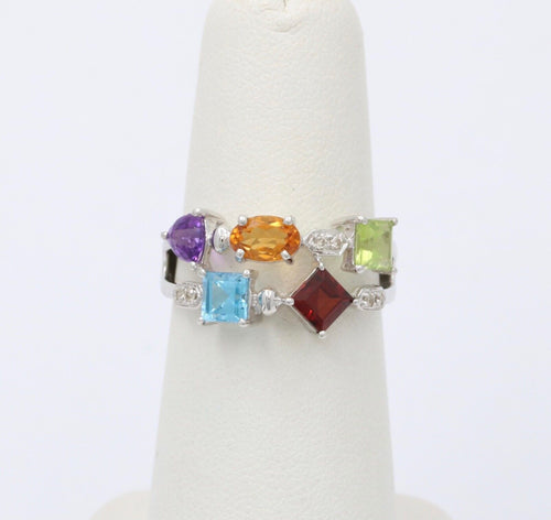 Vintage Multistone 14K White Gold Geometric Ring