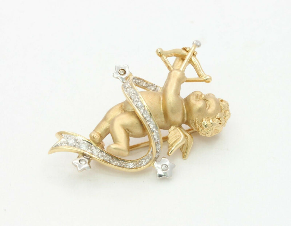 Vintage 14K Yellow Gold Diamond Cupid Brooch