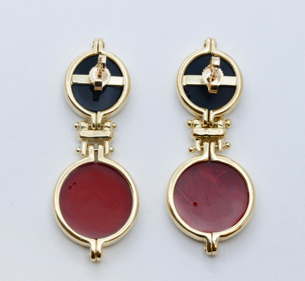 Italian 18K Yellow Gold Art Glass Portrait Cherub Dangle Earrings