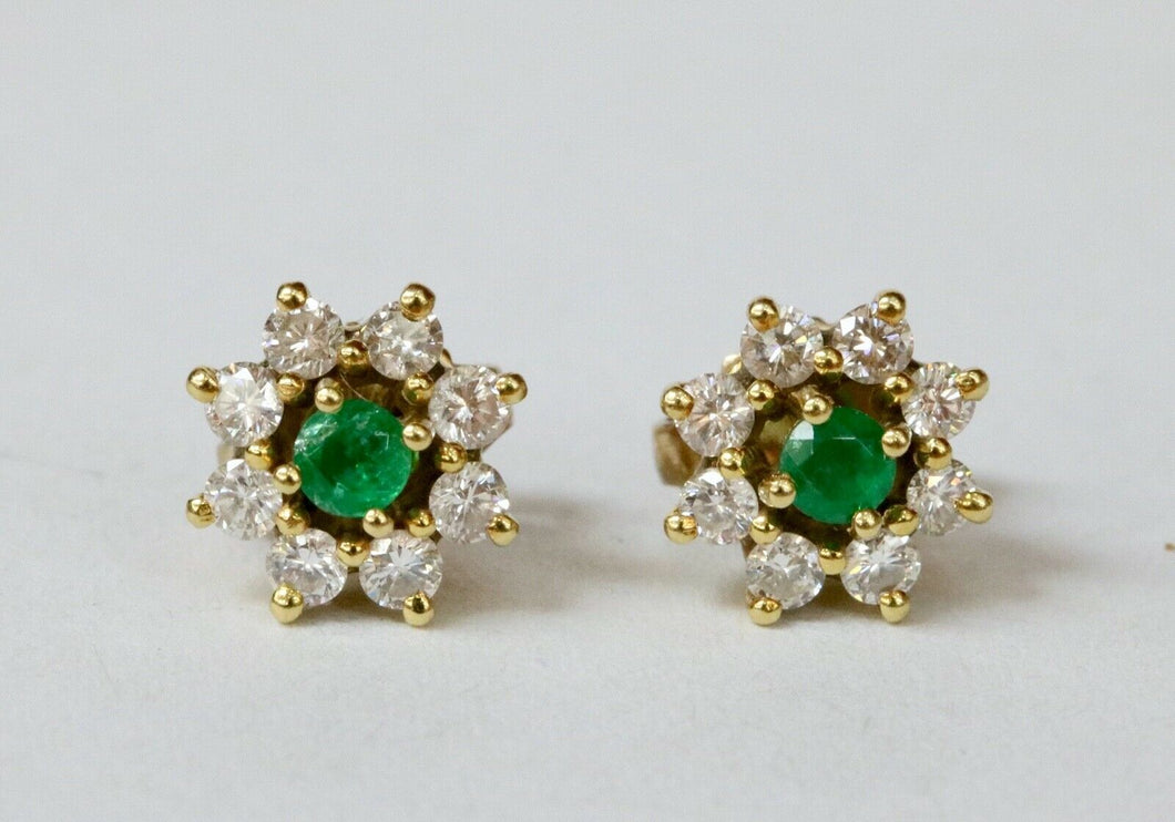 Vintage Ladies Emerald Diamonds 18K Yellow Gold Earrings