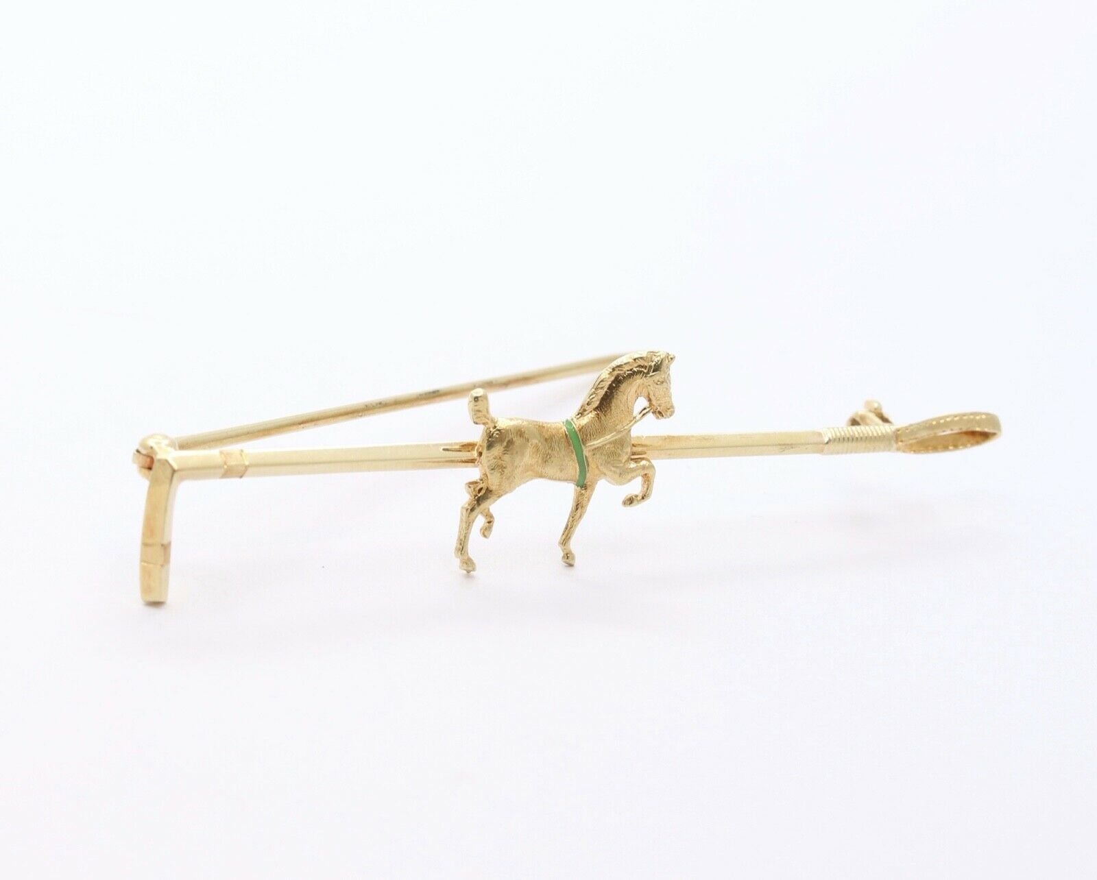 Vintage 14K Yellow Gold Horse and Riding Crop Enamel Brooch Pin
