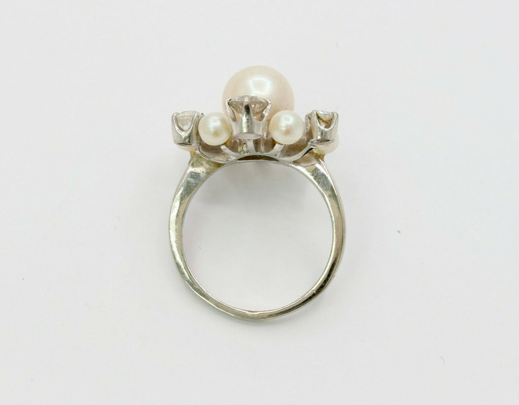 Vintage 14K White Gold Old European Cut Diamond Pearl Ring