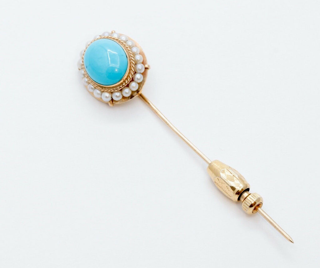 Vintage Ladies Turquoise Diamonds 14K Yellow Gold Stick Pin