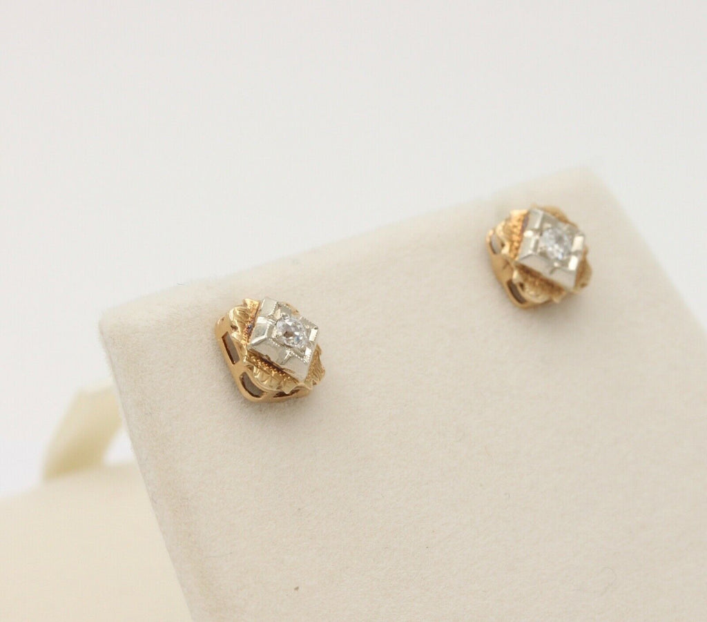 Antique Victorian 14K Yellow & White Gold Old Mine Cut Diamonds Studs Earrings