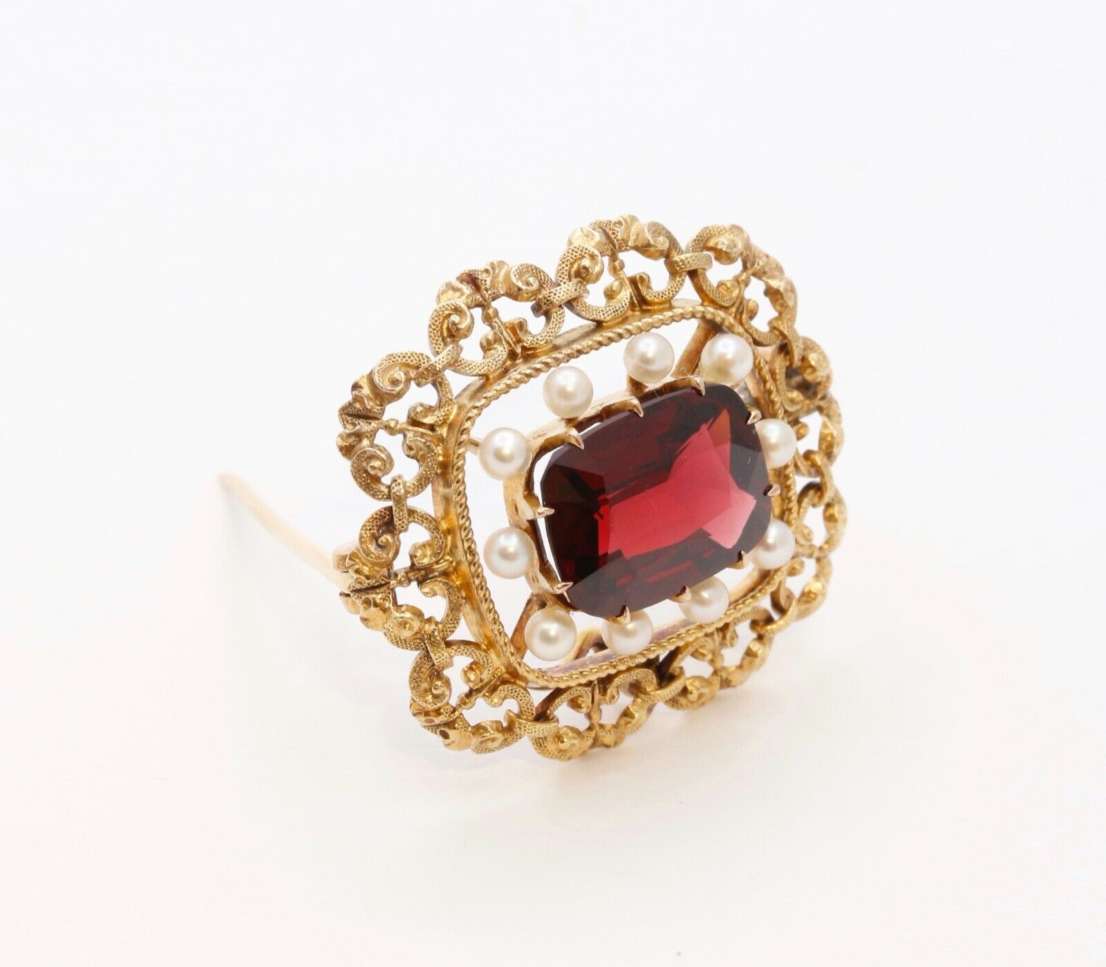 Pristine Victorian Garnet Pearls 14K Yellow Gold Brooch Pin Pendant