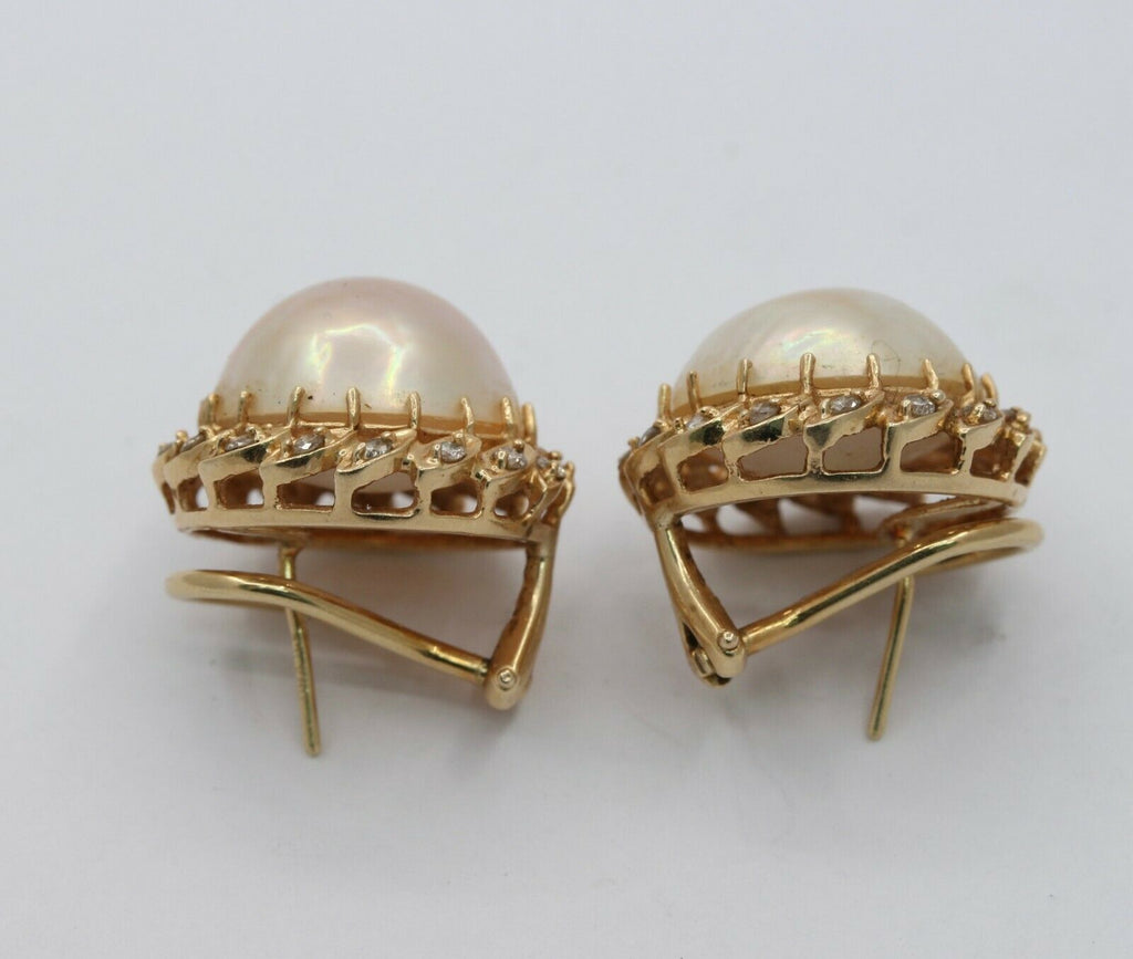 Vintage 14K Yellow Gold Mabe Pearl Diamond Earrings