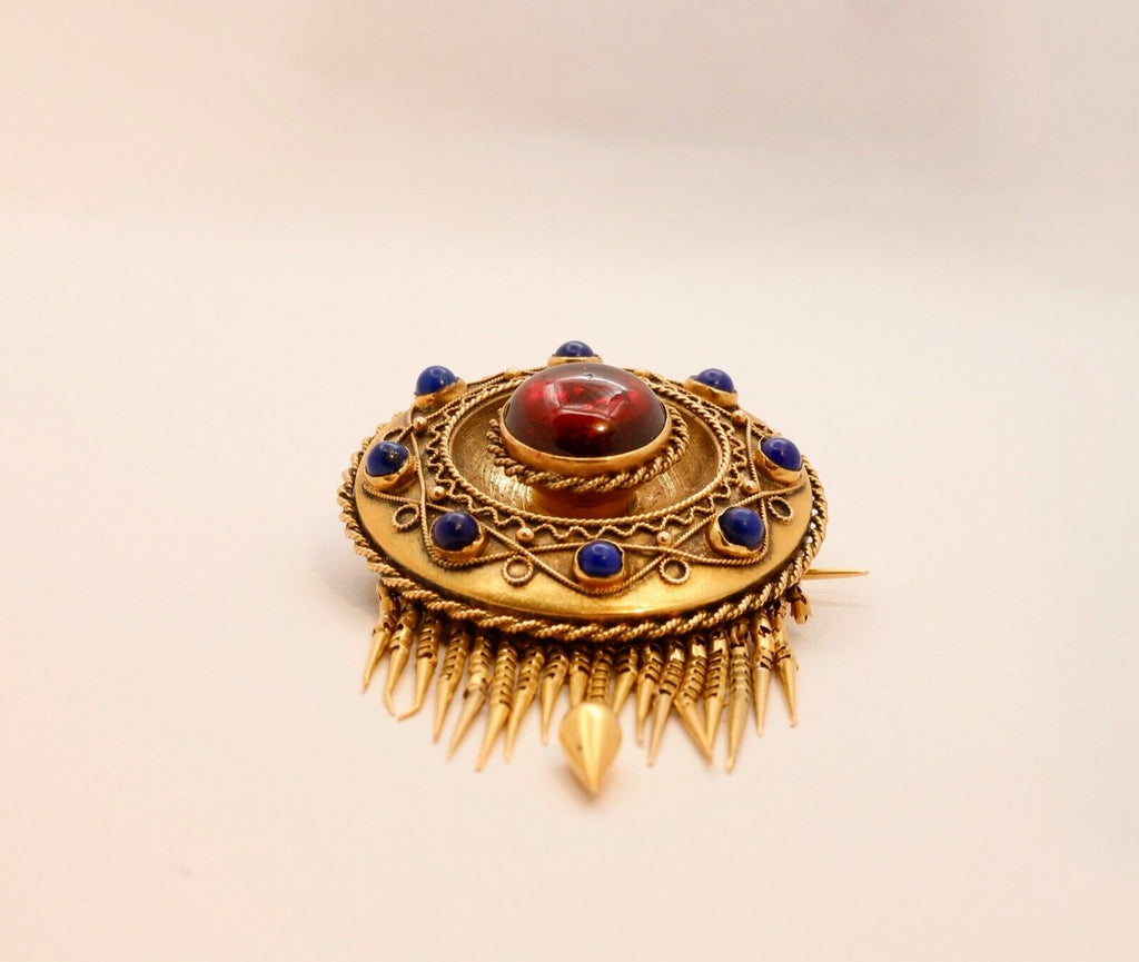 Victorian Memorial Garnet Lapis Lazuli 14K Yellow Gold Brooch Pin
