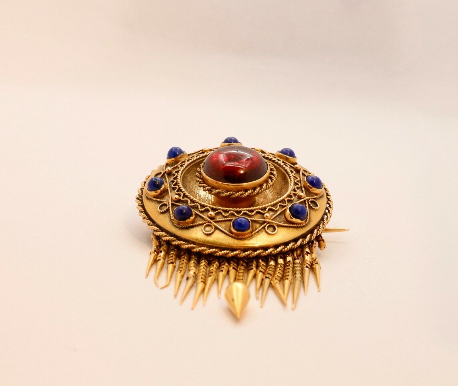 Victorian Memorial Garnet Lapis Lazuli 14K Yellow Gold Brooch Pin