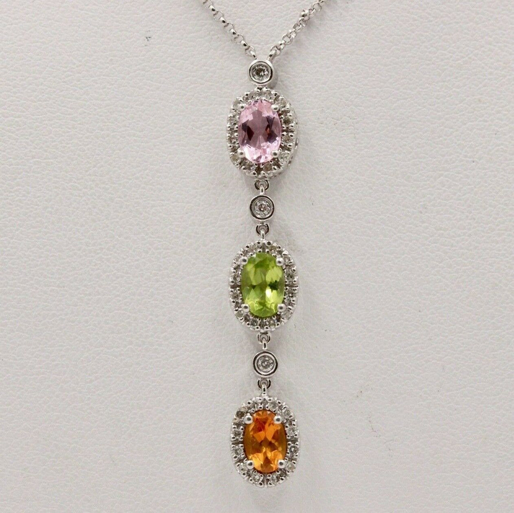 Classic 14K Gold Three Stones Multi Color Stone, Diamond Pendant. Necklace.