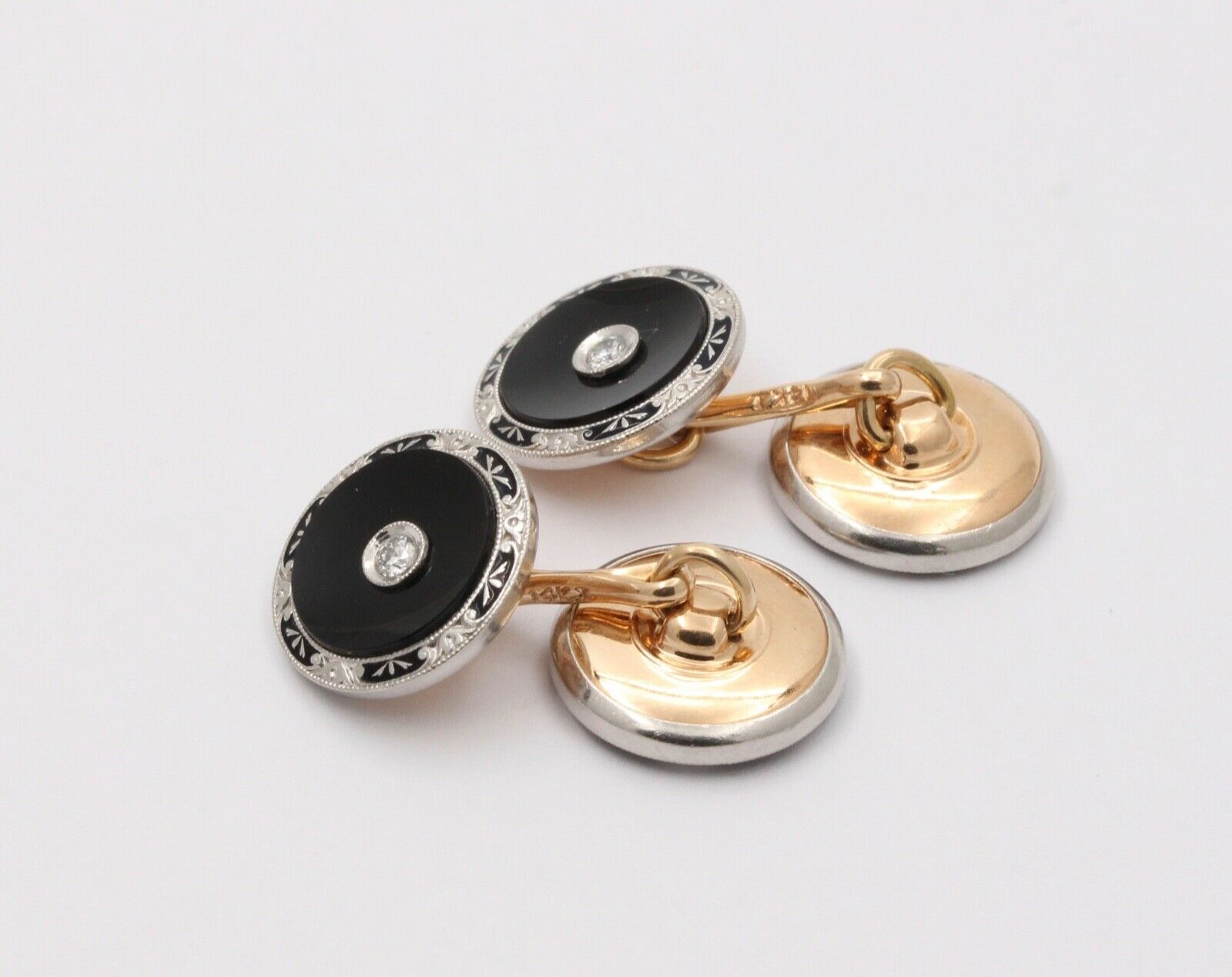 Vintage Krementz Platinum & 14K Yellow Gold Onyx Diamond Enamel Cufflinks, Man's