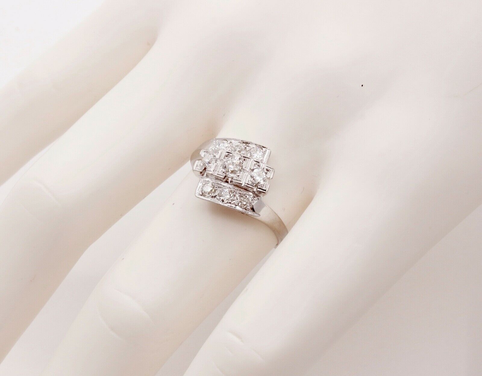Art Deco Ladies Geometric Diamonds 14K White Gold Ring