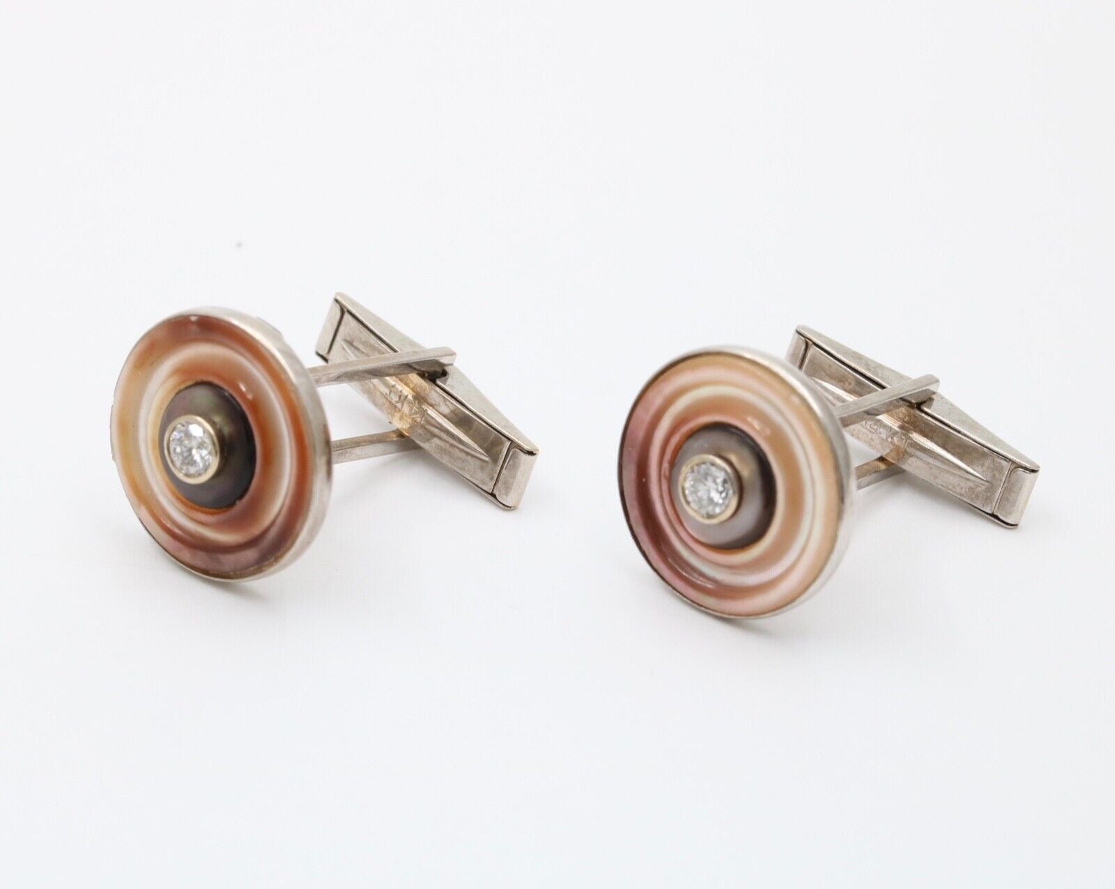 Vintage 14K White Gold Mother Of Pearl and Diamond Cufflinks. Men’s Accessories