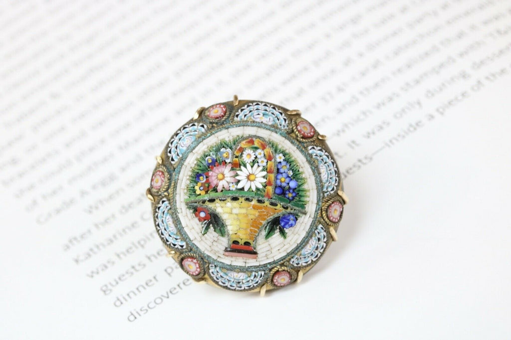 Victorian Revival Italian Micro Mosaic Flower Basket Brooch Pin