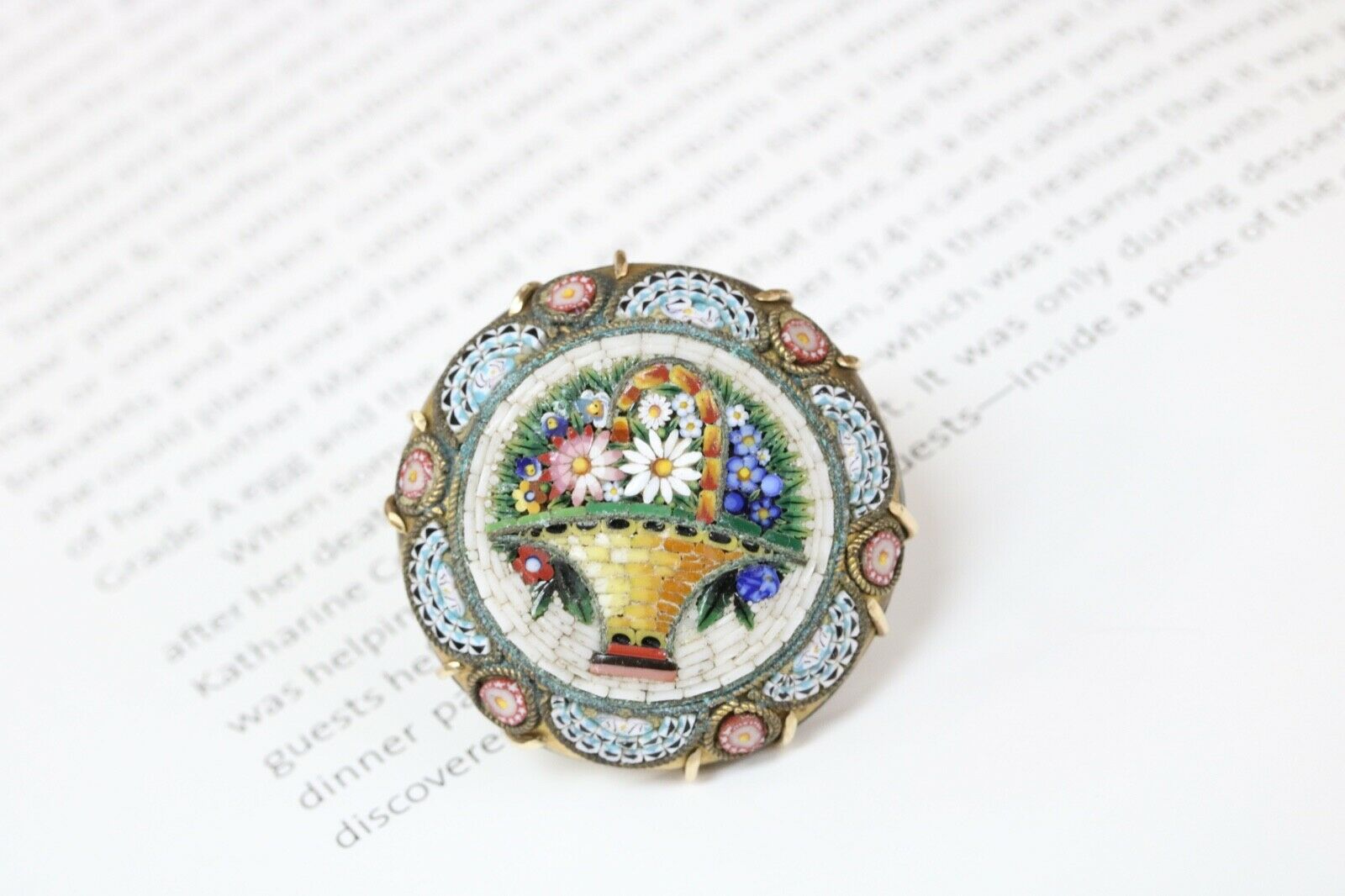 Victorian Revival Italian Micro Mosaic Flower Basket Brooch Pin