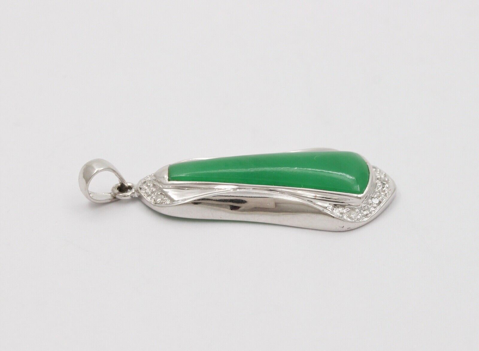 Vintage Trapezoid Jadeite Jade 14K White Gold Diamond Pendant, Necklace.