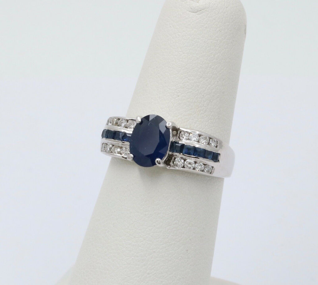Classic 14K White Gold Sapphire and Diamond Ring Band, Engagement Ring.