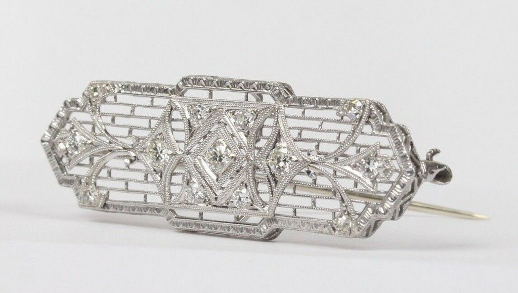 Art Deco 14K White Gold Diamond Filigree Brooch
