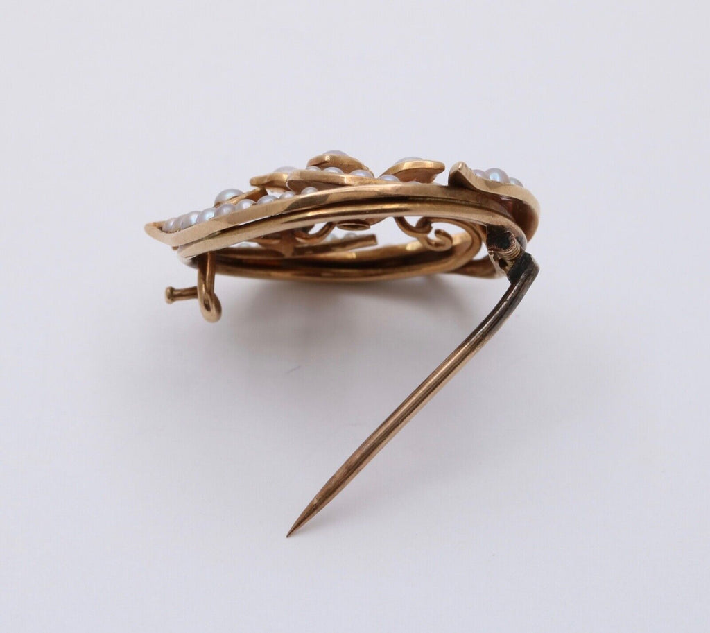 Antique Victorian 14K Yellow Gold Diamond and Pearl Floral Brooch, Pin