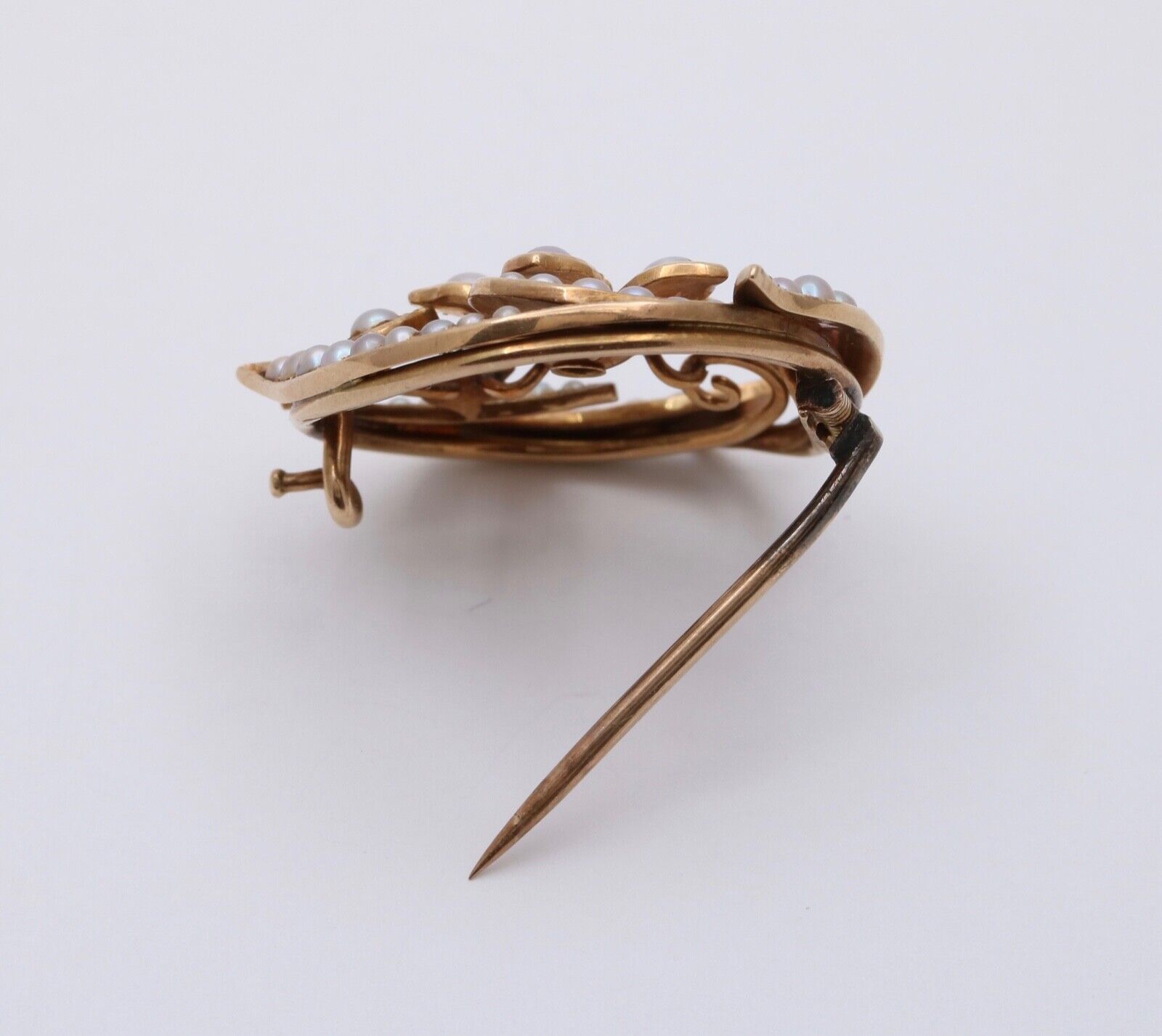 Antique Victorian 14K Yellow Gold Diamond and Pearl Floral Brooch, Pin