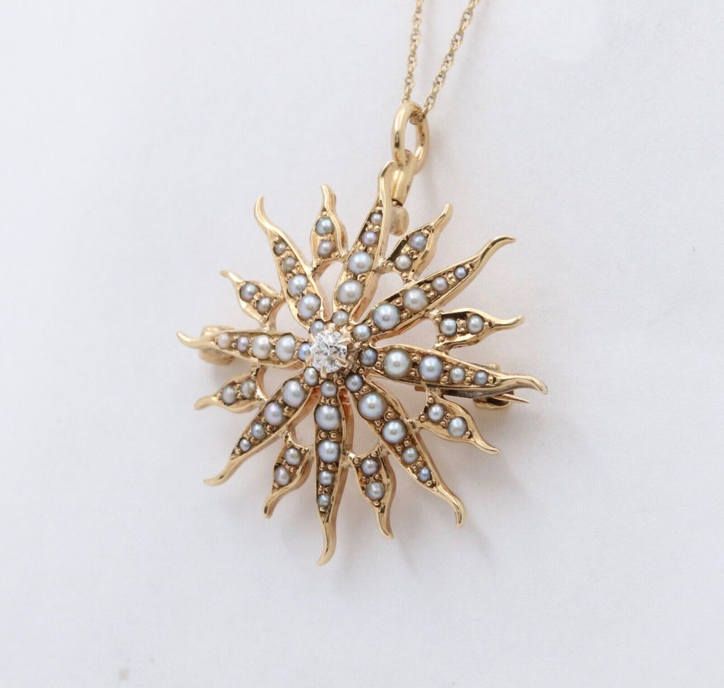 Victorian Edwardian Starburst Diamond Seed Pearls 14K Yellow Gold Pendant Brooch