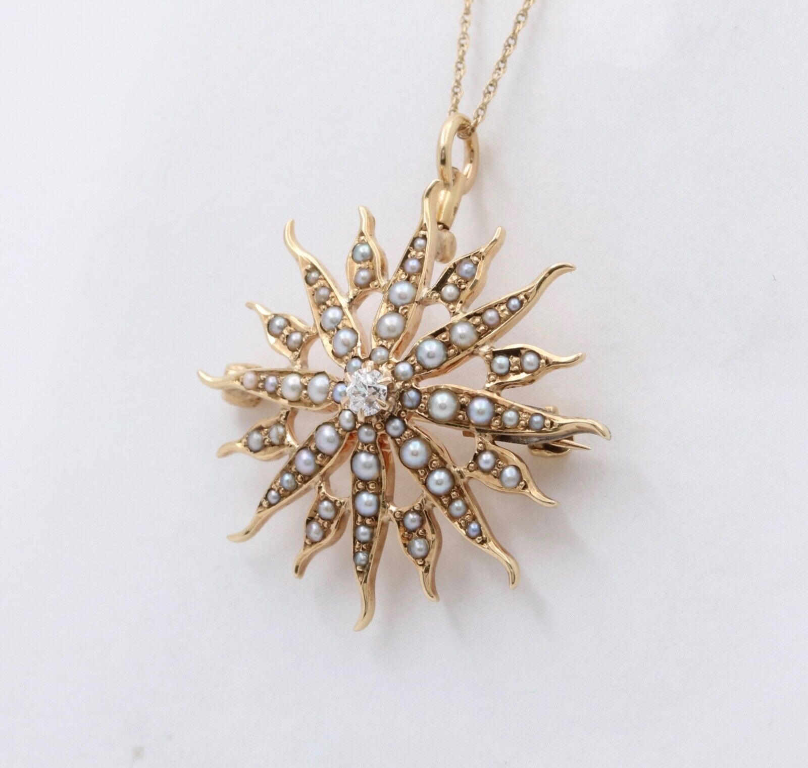 Victorian Edwardian Starburst Diamond Seed Pearls 14K Yellow Gold Pendant Brooch