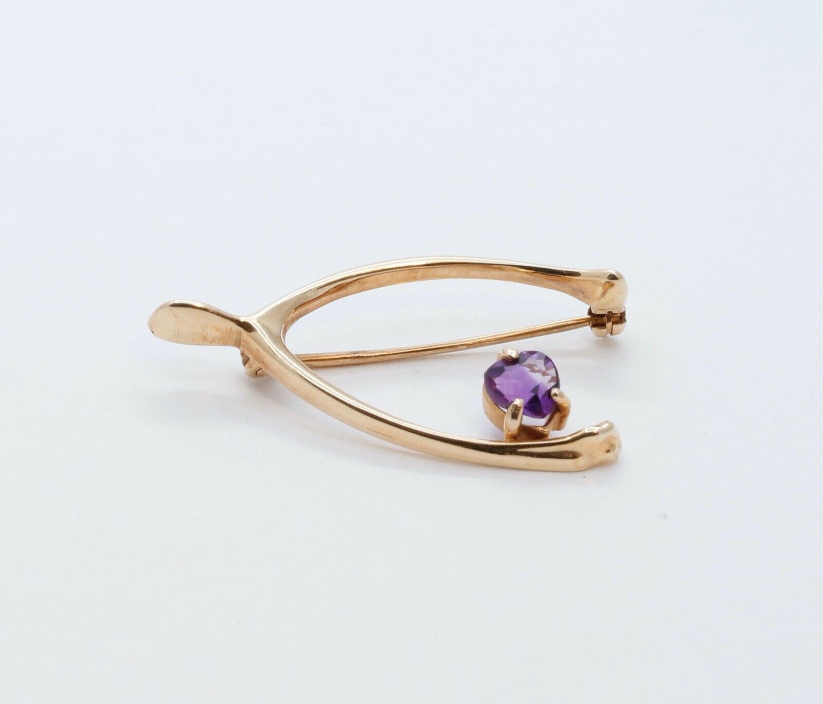 Vintage Lucky 14K Yellow Gold Wishbone Heart Amethyst Pendant Pin