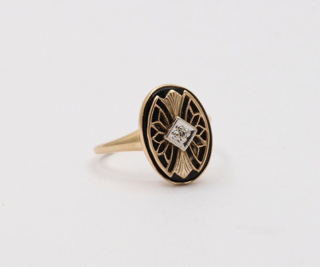 Art Deco PSCO Diamond Onyx 10K Yellow white Gold Ring