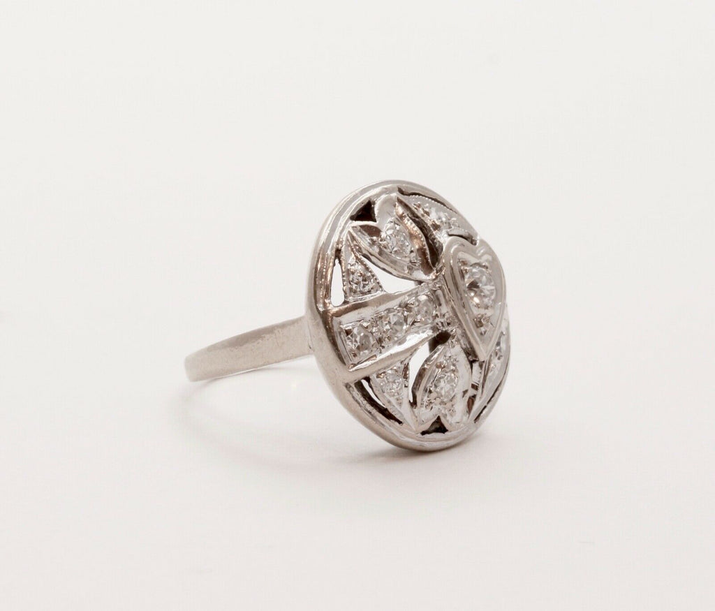 Art Deco Diamonds Hearts 14K White Gold Ring