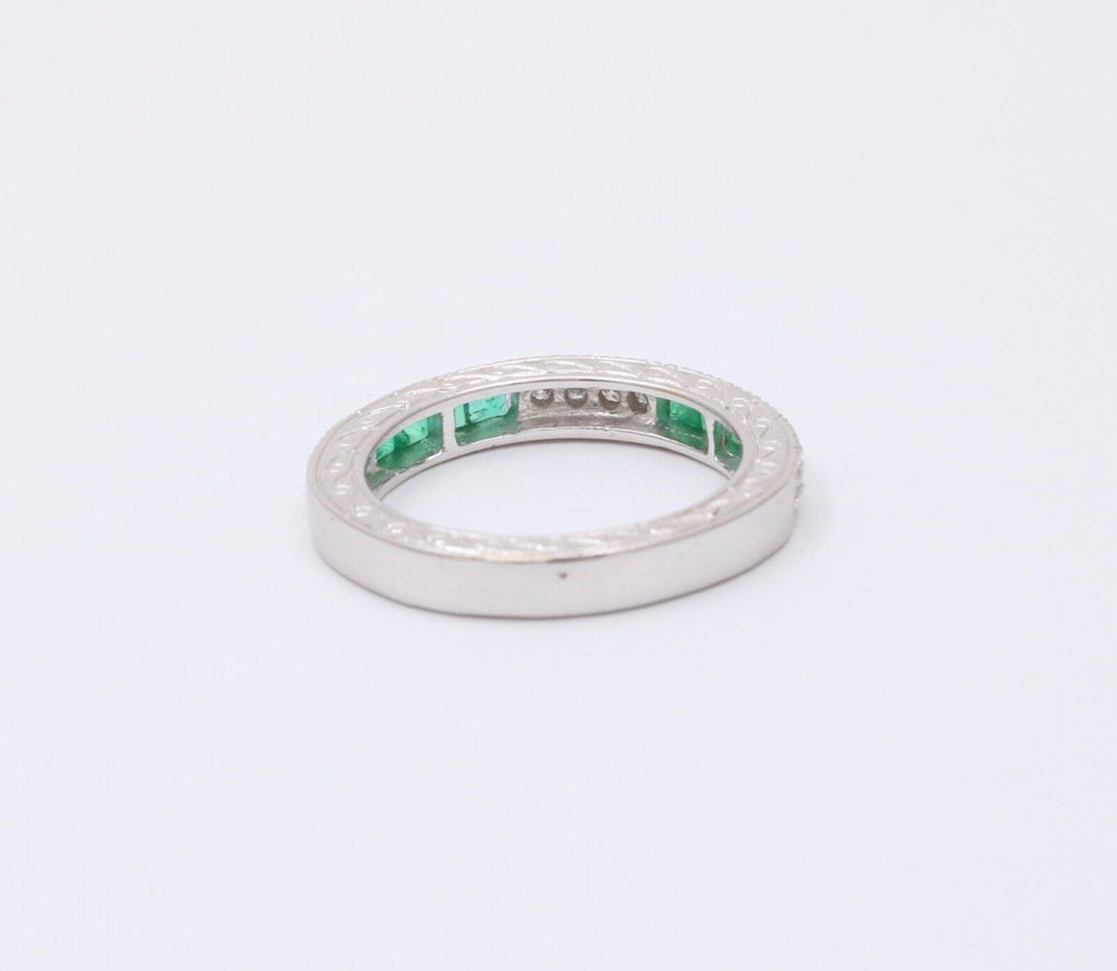 Gorgeous 14K White Gold Emerald & Diamond Half Eternity Ring Band, Wedding Band.