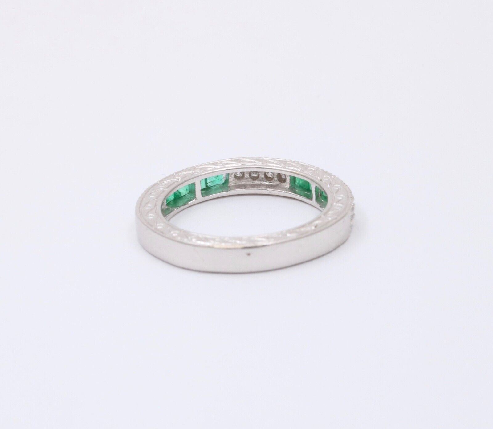 Gorgeous 14K White Gold Emerald & Diamond Half Eternity Ring Band, Wedding Band.