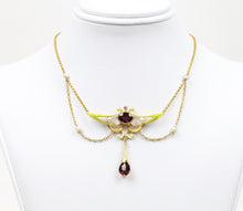 Load image into Gallery viewer, Art Nouveau Pendant Chain Garnet Natural Pearls Diamonds 14K Yellow Gold
