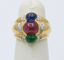 Load image into Gallery viewer, Funky Vintage 18K Yellow Gold Cabochon Ruby, Sapphire &amp; Emerald Ring, Estate Rin
