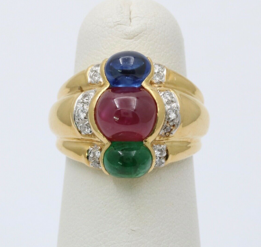 Funky Vintage 18K Yellow Gold Cabochon Ruby, Sapphire & Emerald Ring, Estate Rin