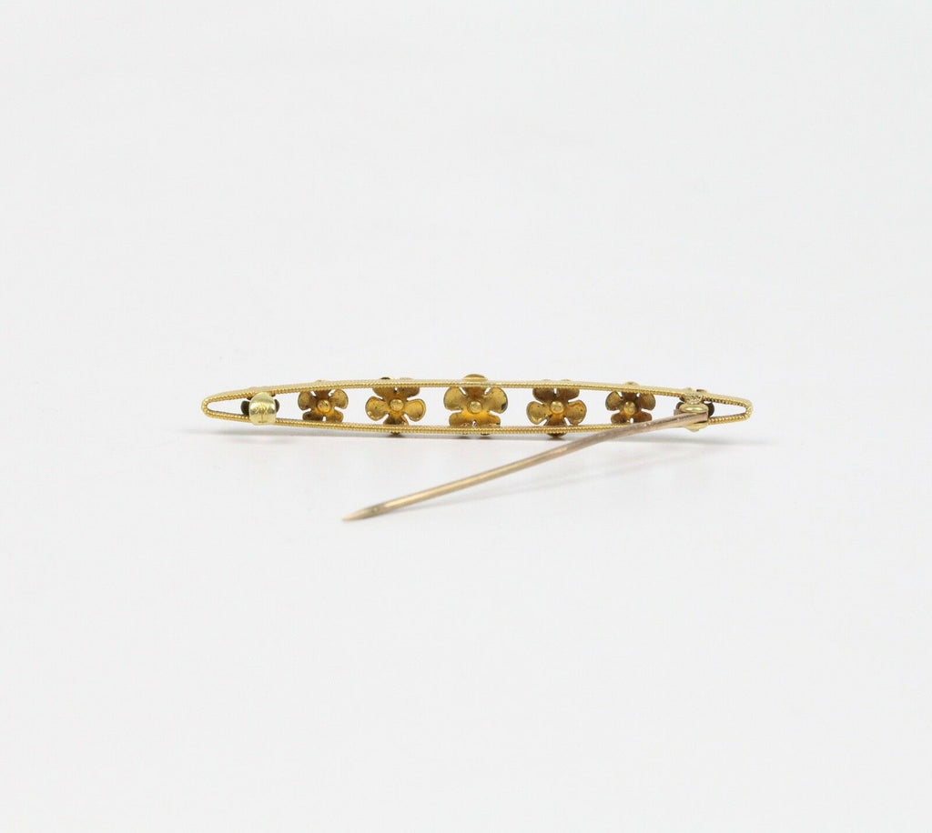 Art Nouveau 14K Yellow Gold Forget Me Not Flower Enamel Bar Pin
