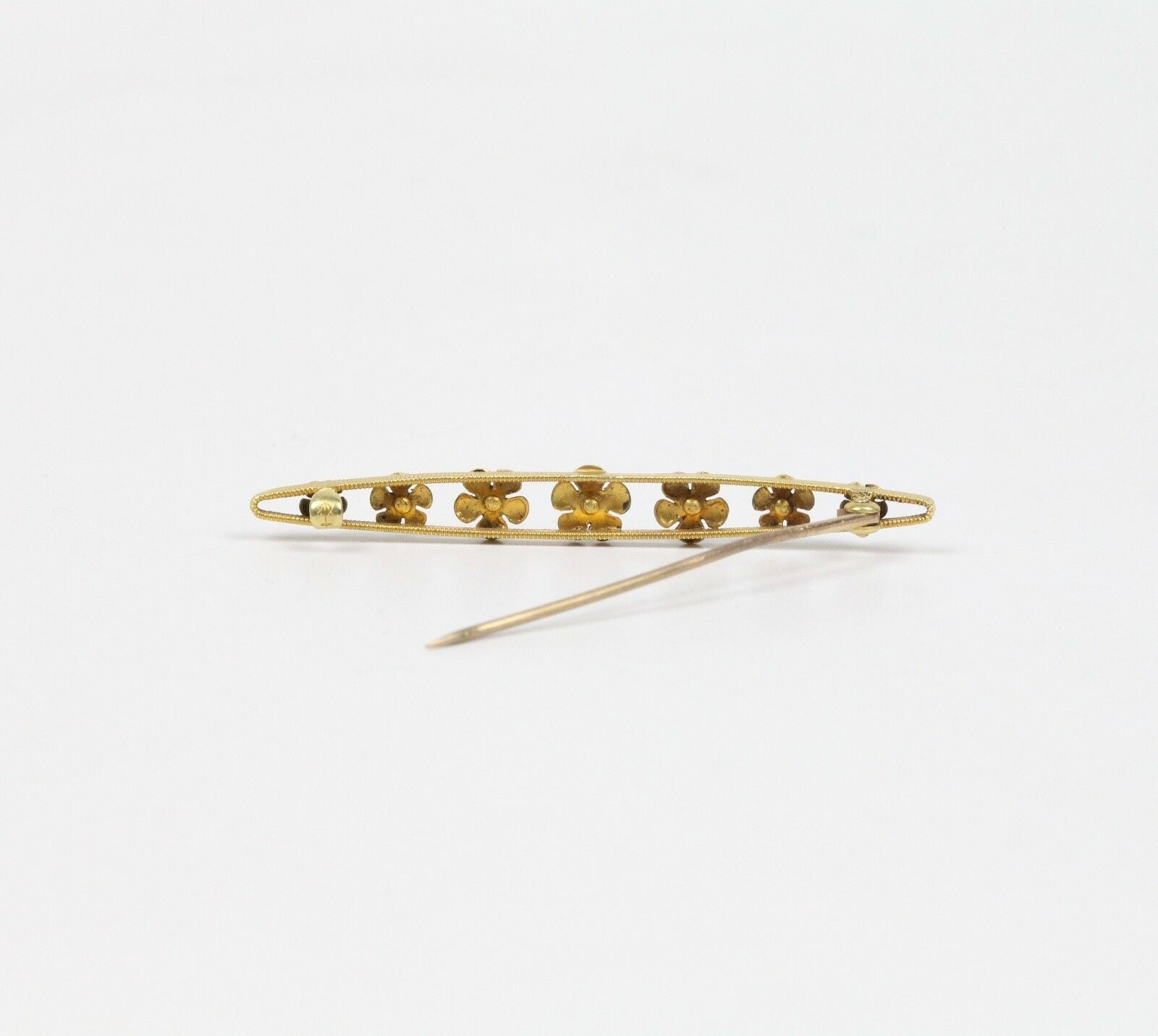 Art Nouveau 14K Yellow Gold Forget Me Not Flower Enamel Bar Pin