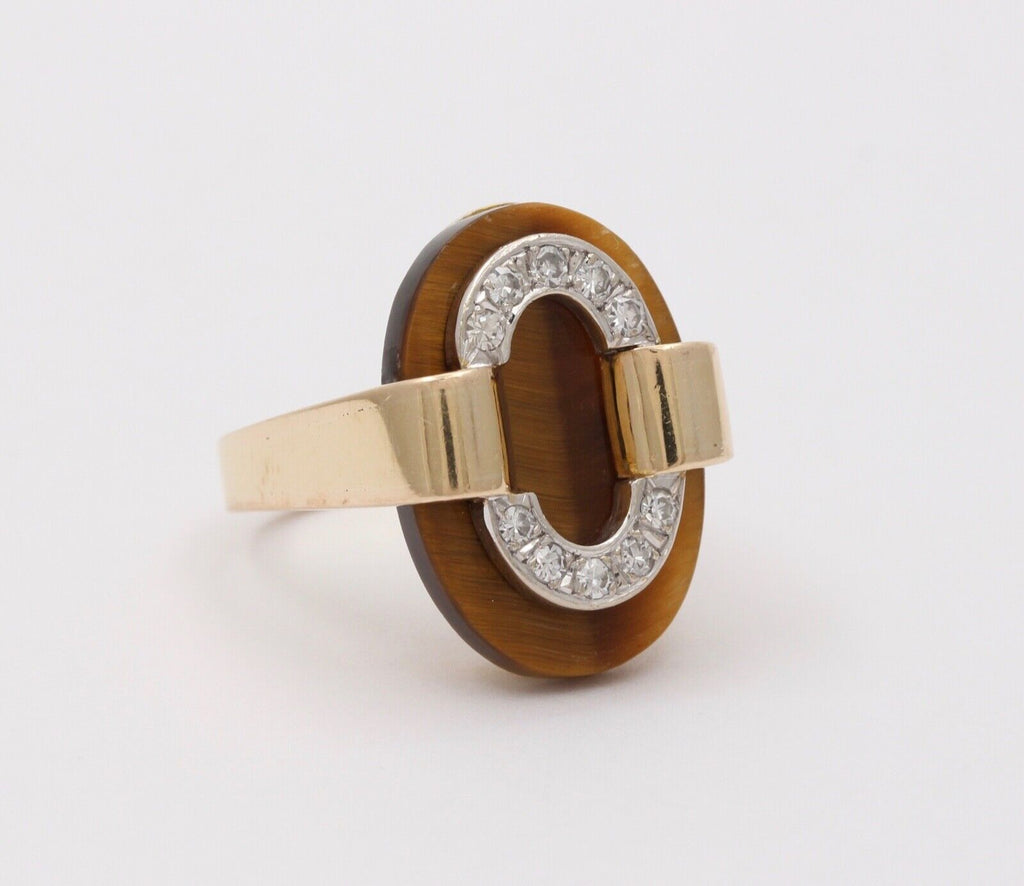 Vintage Tiger Eye 14K Yellow Gold Diamond Ring, Statement Ring