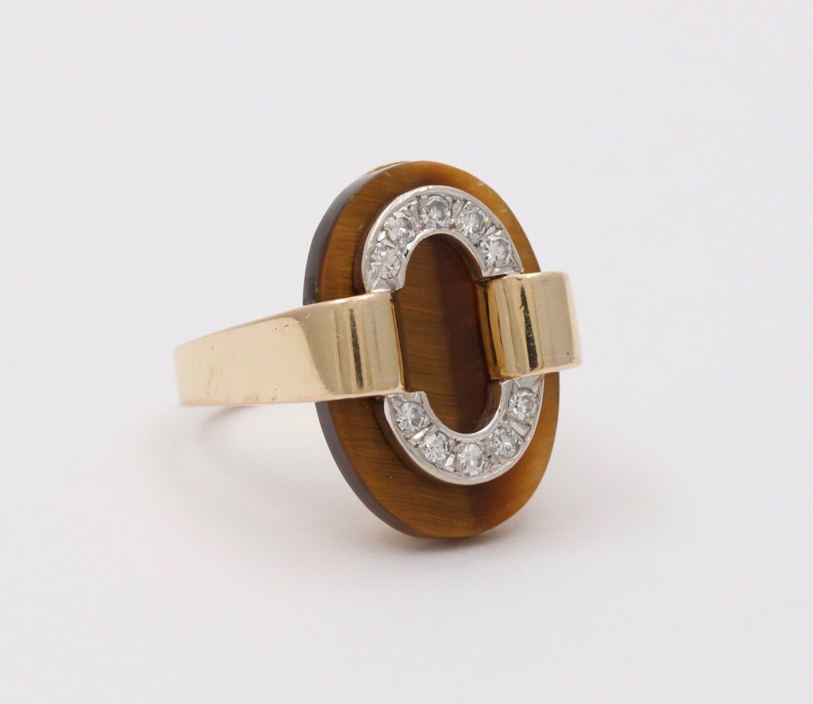 Vintage Tiger Eye 14K Yellow Gold Diamond Ring, Statement Ring