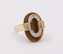 Load image into Gallery viewer, Vintage Tiger Eye 14K Yellow Gold Diamond Ring, Statement Ring
