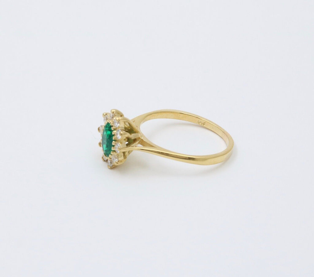 Vintage 18K Gold Emerald Diamond Halo Ring, Engagement Band