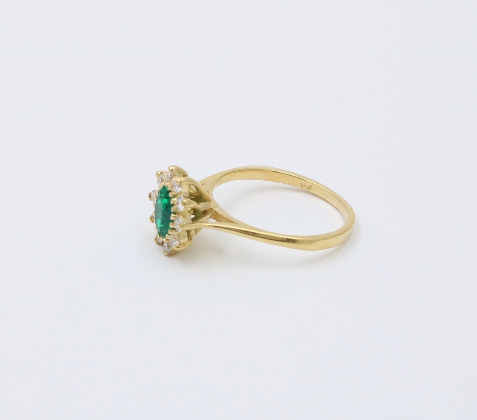 Vintage 18K Gold Emerald Diamond Halo Ring, Engagement Band