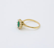 Load image into Gallery viewer, Vintage 18K Gold Emerald Diamond Halo Ring, Engagement Band
